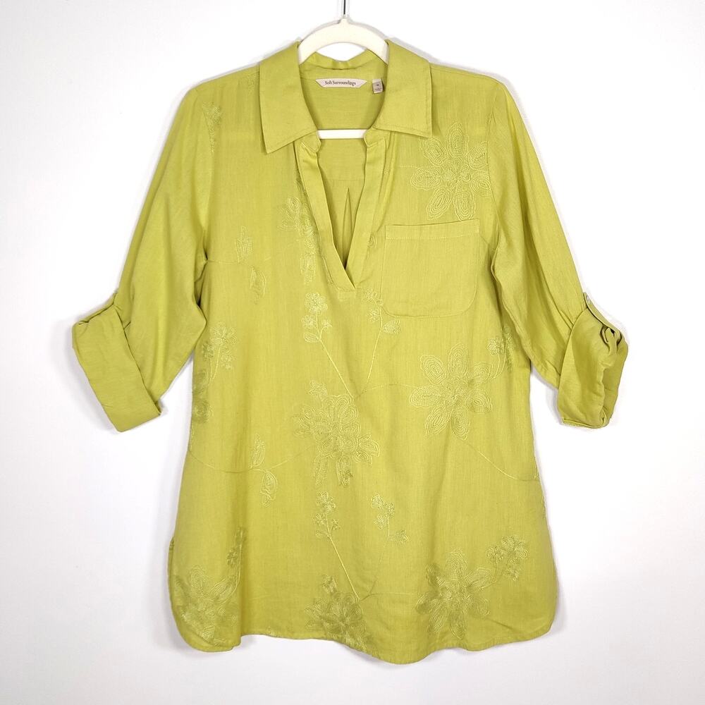 Soft Surroundings Tunic Blouse Embroidered Roll Tab M Linen Cotton Lagenlook